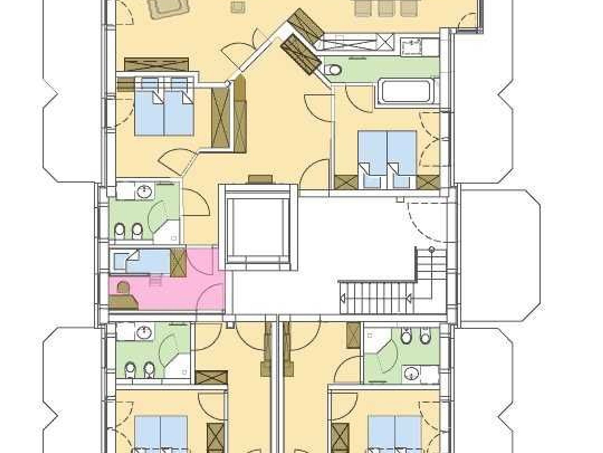 Strandresidenz-Kühlungsborn***** Grundriss der Wohnungen 1, 2 und 3. Das rosa gekennzeichnete Zimmer zwischen den  Wohnungen 1 und 2 ist ein Kinderzimmer, daß von beiden Wohnungen genutzt werden kann.