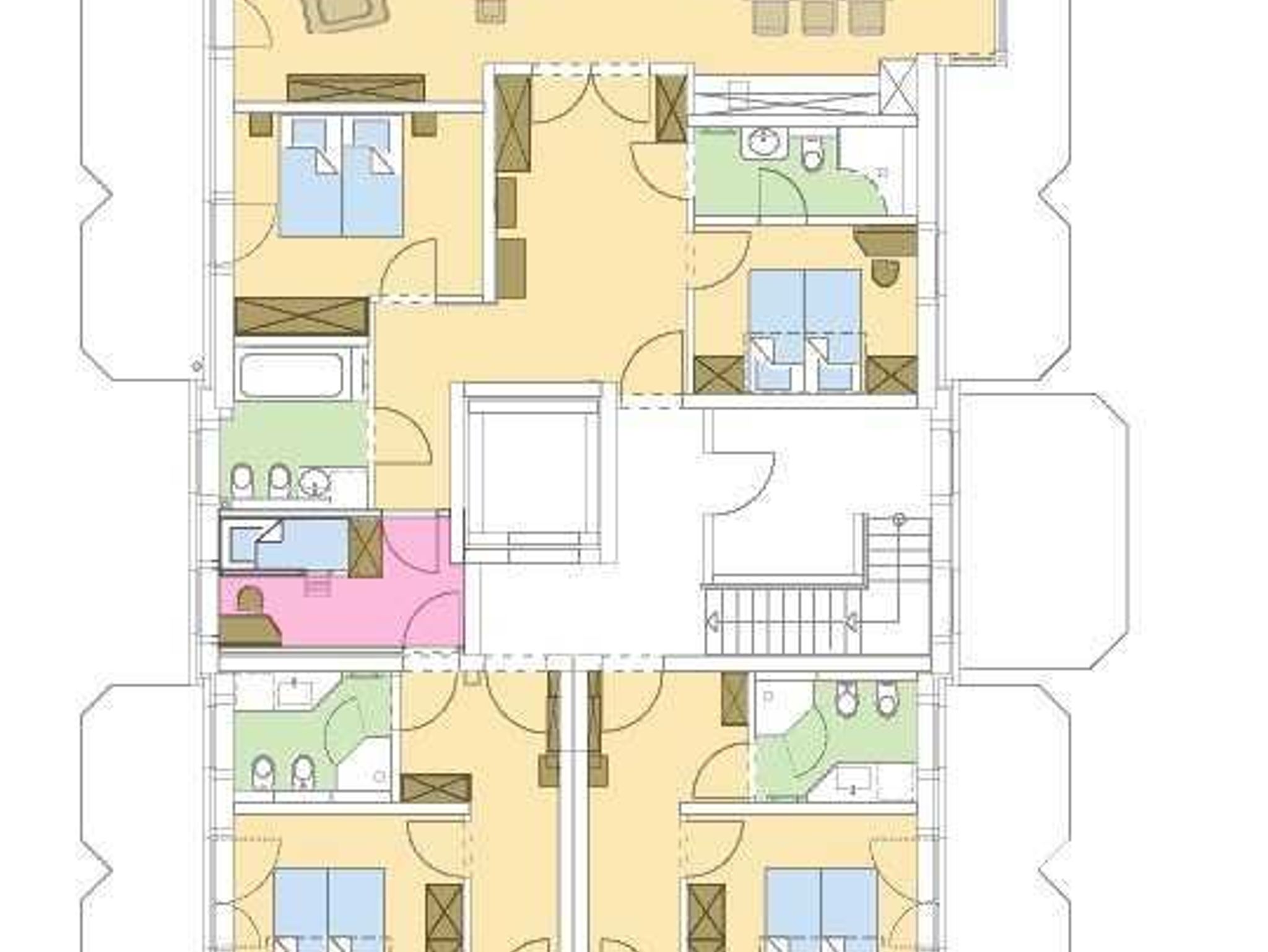 Strandresidenz-Kühlungsborn***** Grundriss der Wohnungen 4, 5 und 6. Das rosa gekennzeichnete Zimmer zwischen den  Wohnungen 4 und 5 ist ein Kinderzimmer, daß von beiden Wohnungen genutzt werden kann.