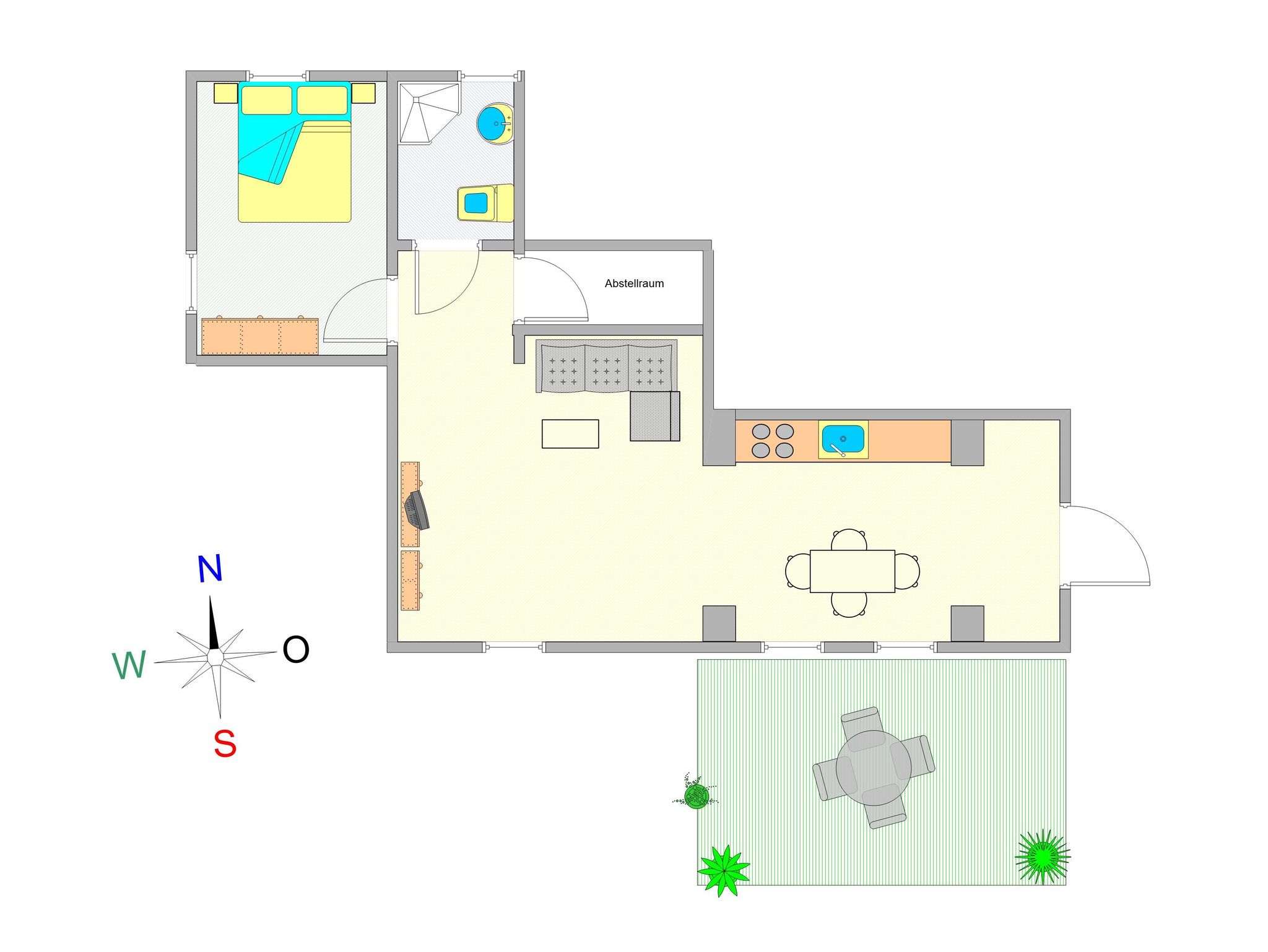 Wohn-/Schlafbereich mit Küchenzeile und Zugang zum Balkon